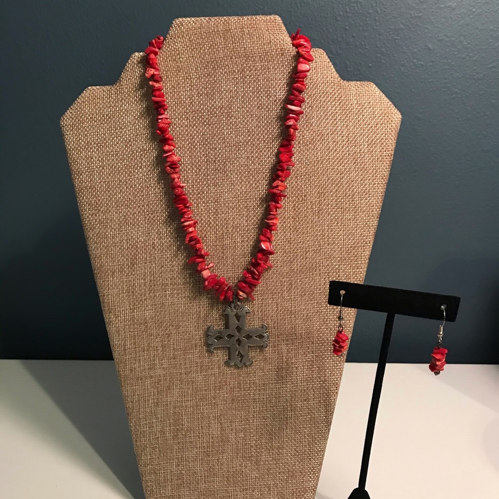 Red bead necklace with silver cross and earrings